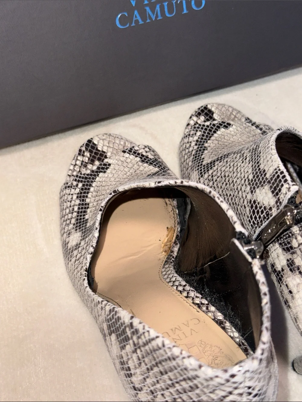 Vince Camuto Careeta Black and White Python Peep-Toe Stiletto Booties, Sz 9